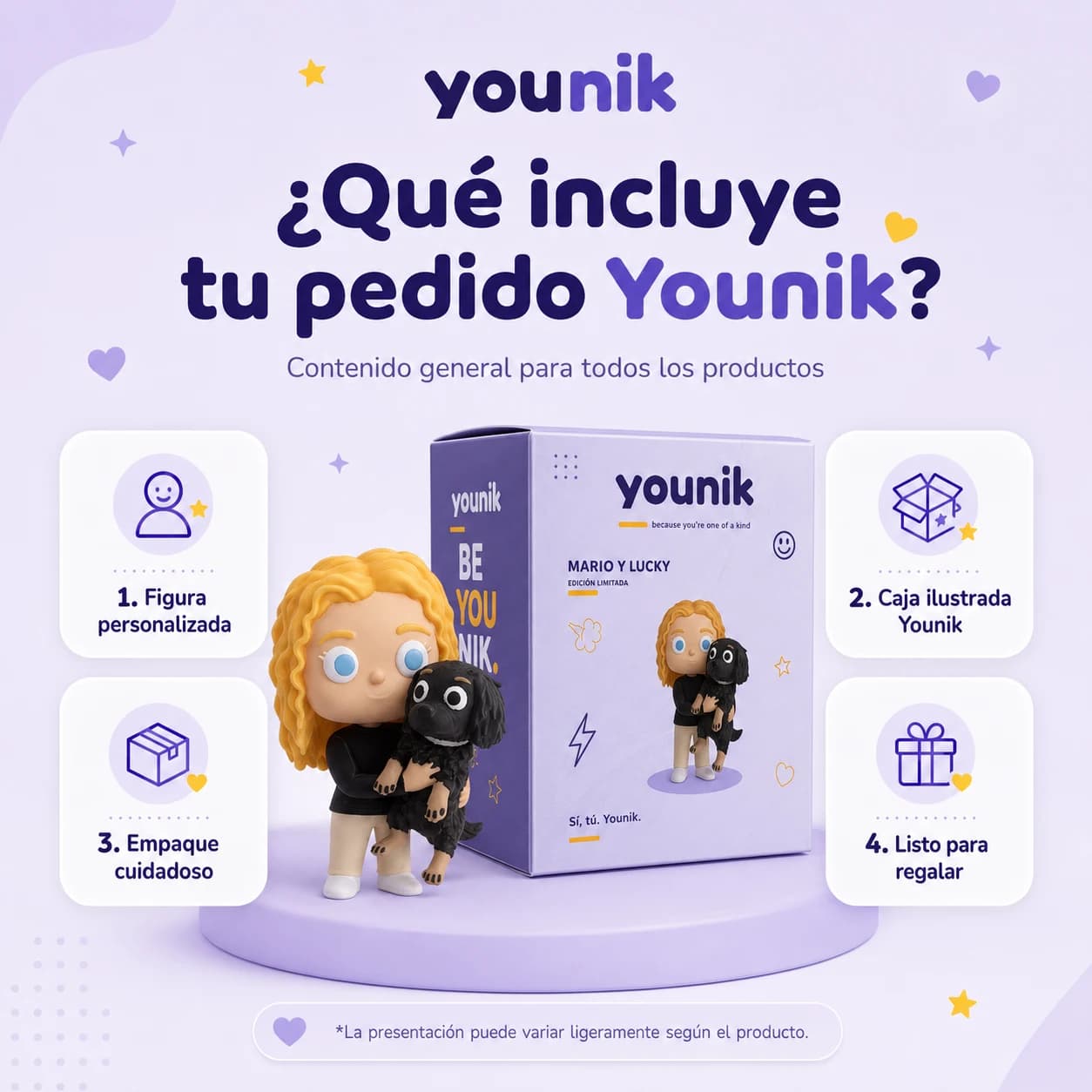 Qué incluye tu pedido younik: figura personalizada, caja ilustrada y empaque listo para regalar